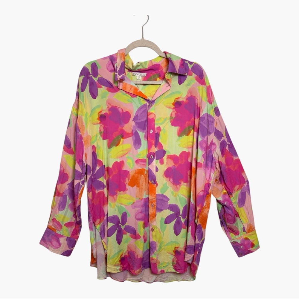 For Love & Lemons Colorful Abstract Floral Statement Oversized Button Shirt XS